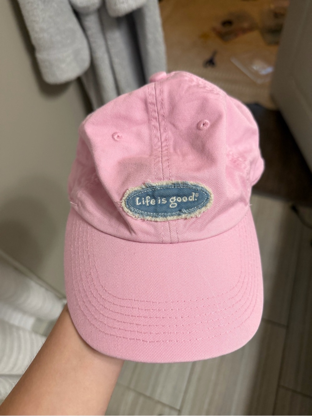 Life Is Good Light Pink Baseball Hat with Blue Patch